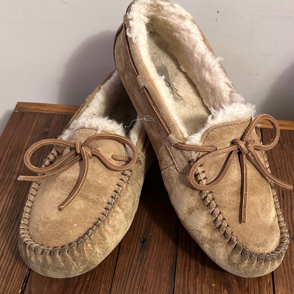UGG Tan Moccasin Slippers with Fur Lining